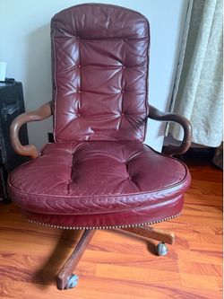 Oxblood Leather Tufted Swivel Office Chair w/ Wood Arms