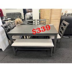 6 piece solid wood dining table set 60" x 36" x 30"H