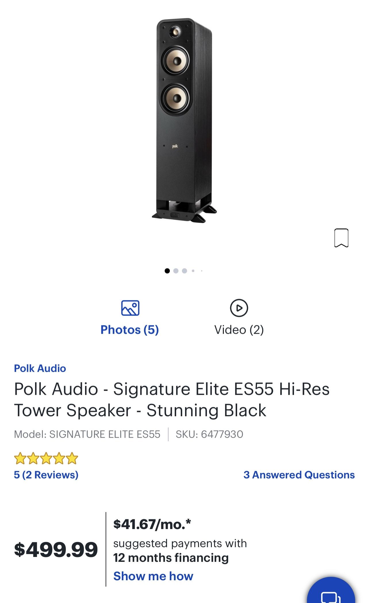 Polk Audio - Signature Elite ES55 Hi-Res Tower Speaker - Stunning Black