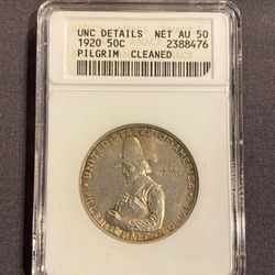 1920 50C Pilgrim  ANACS AU5O- Classic Silver Commemorative