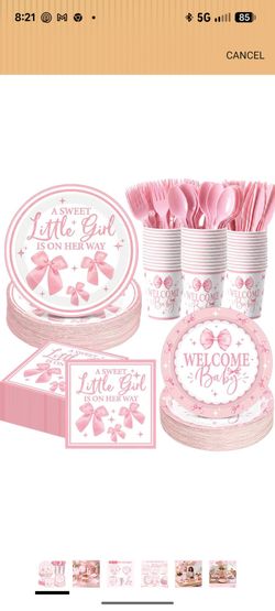 400 Pcs Pink Bows Baby Shower Party Decoration Girl for 50, a Sweet Little Girl Is on Her Way Plates Napkins Cups Cutlery for Welcome Baby
New in box