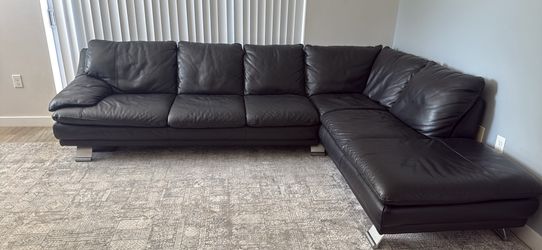 Modern Black Genuine Leather Sectional Sofa