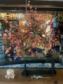 Chinese Jade Glass Cherry Blossom Bonsai Tree