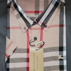Burberry Classic Plaid Short Sleeve Button Down Shirt Tan Size Large