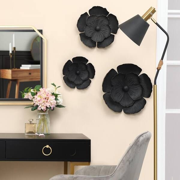 LuxenHome 3-Piece Dark Gray with Gold Metal Flowers Wall Decor Set,A936