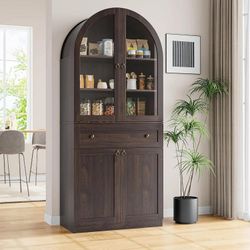 New -71" Tall Arched Kitchen Pantry Cabinet with Glass Doors
