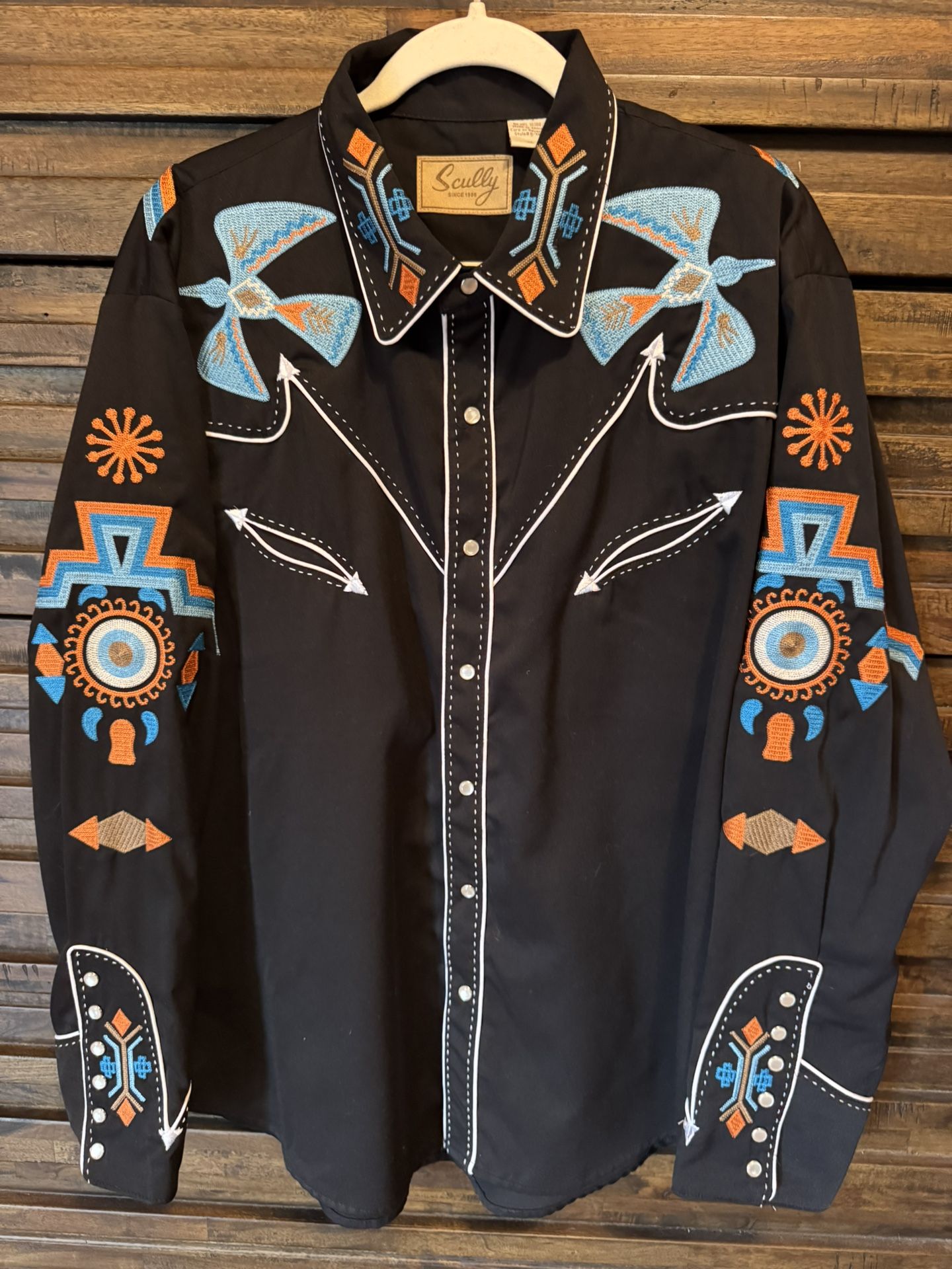 Mens Scully Phoenix Western Shirt XL Pearl Snap Embroidered Long Sleeve Aztec