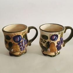 Home Trends Fruit Pattern 10 oz. Ceramic 2 Coffee Mug Cups Cream Green