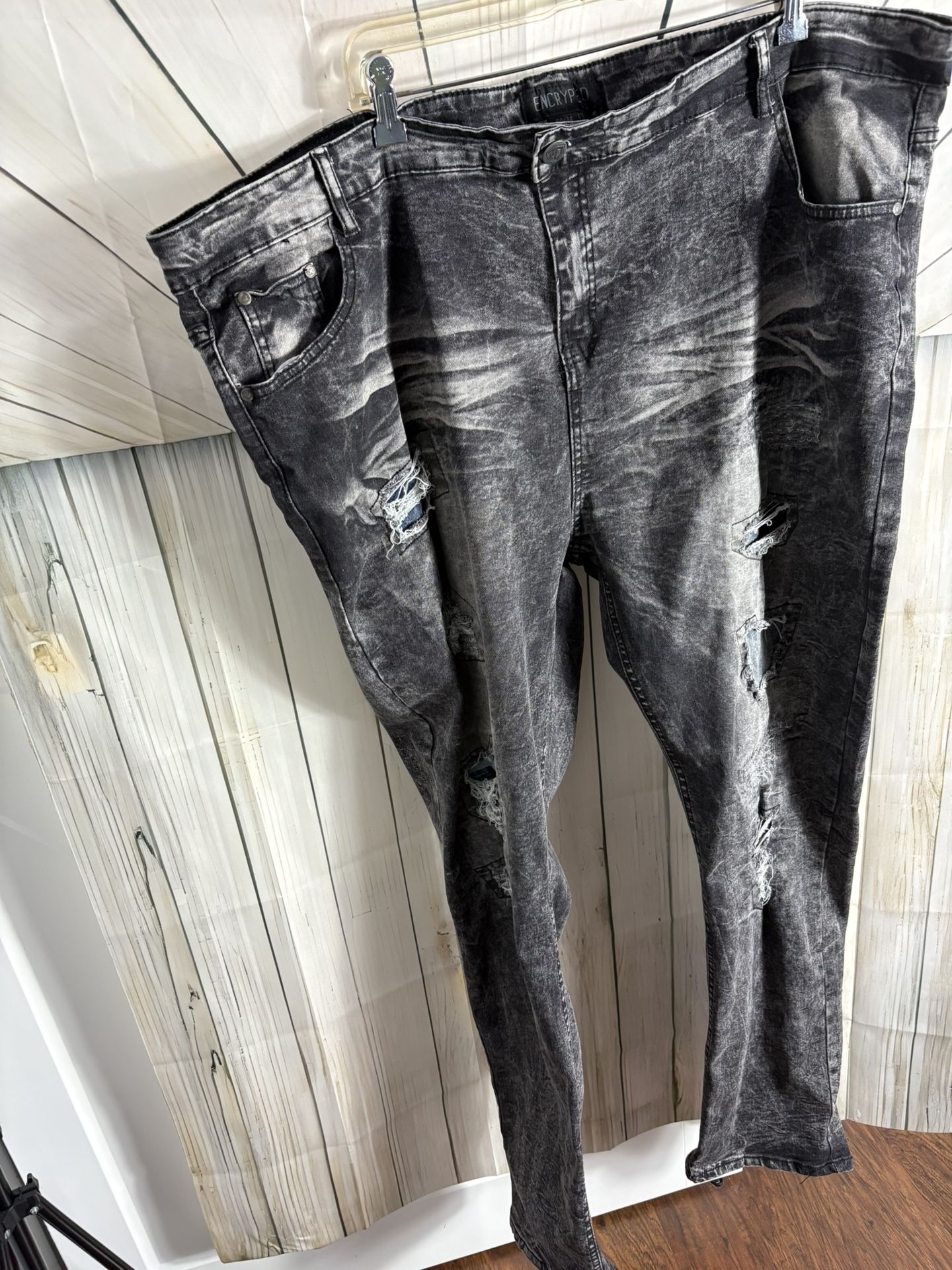 Men’s Encrypted Throwback Jeans. Acid Washed Distressed Wide Leg Sz 50