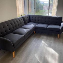 Gray Mid-Century Modern Tufted Sectional Sofa