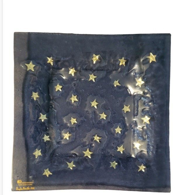 patriotic blue fused glass art tray with gold stars