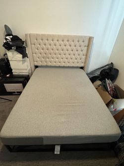 Upholstered Wingback Headboard + Bed Frame + Queen Casper Mattress
