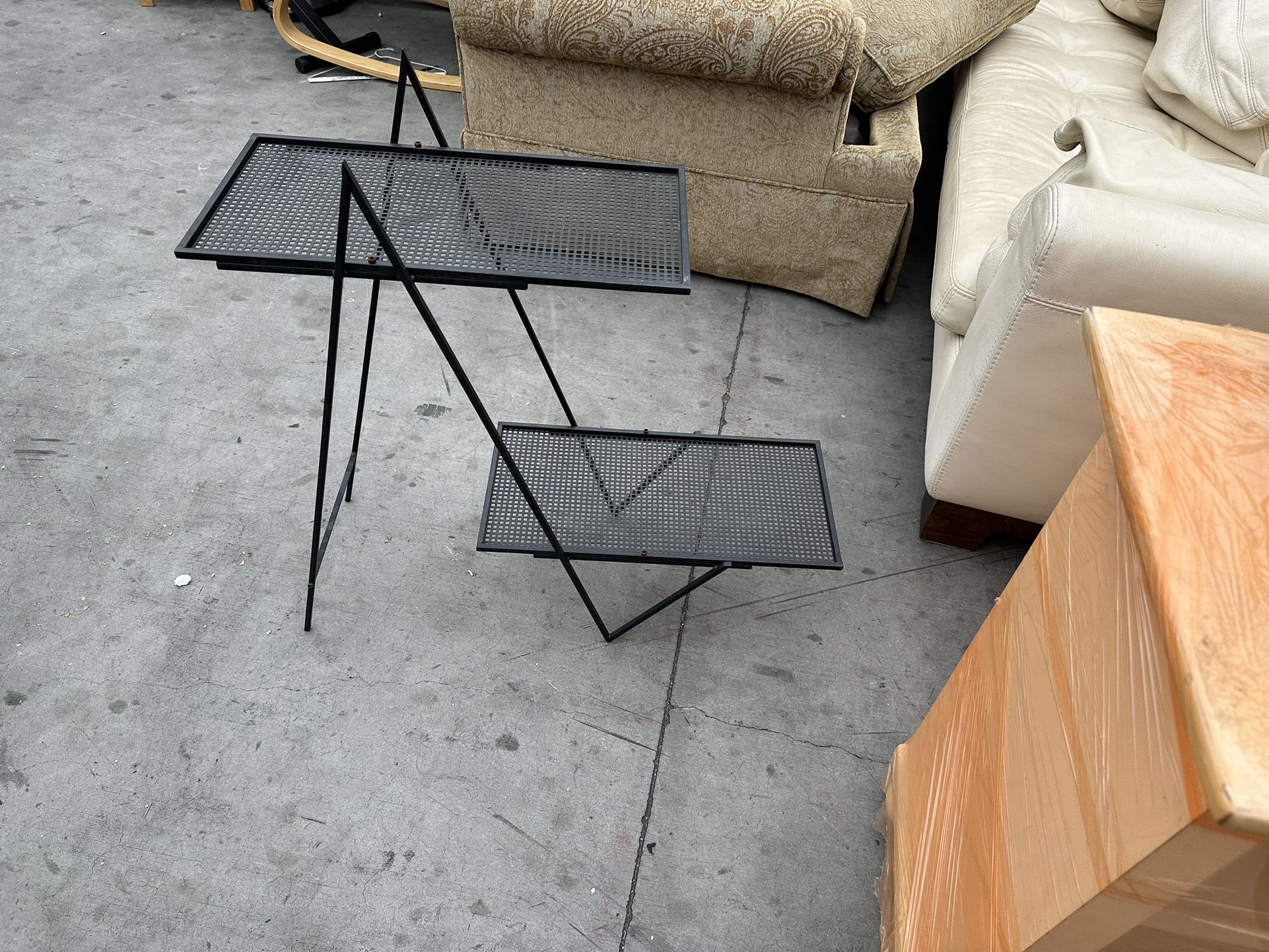 Vintage MCM Black Perforated Metal Shelf Two Tier Mathieu Mategot Style