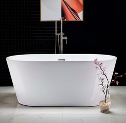 BTA1514, 59" Acrylic Freestanding Bathtub Contemporary Soaking Tub with Brushed Nickel Overflow and Drain,White Tub,