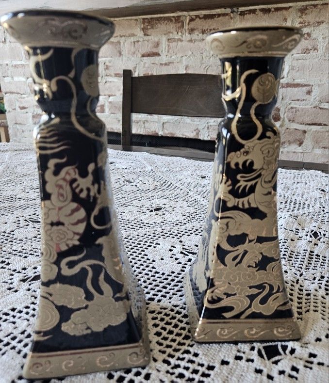 Yi Lin Arts and Treasures Set of 2 Gold Dragons on Black Candle Holders, 9” Tall