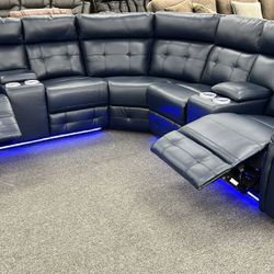 Beautiful Blue, 3 Pc Leather Gel Power Sectional w/LED Light
