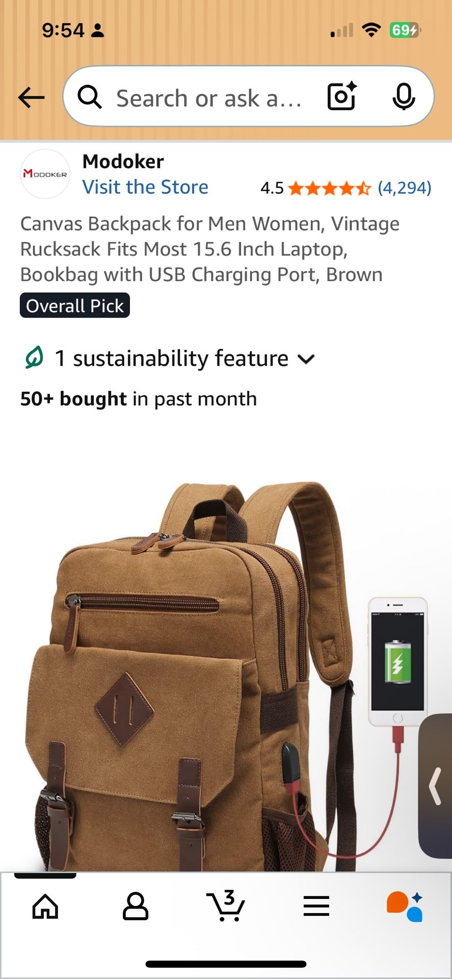 Brown vintage backpack with charging port