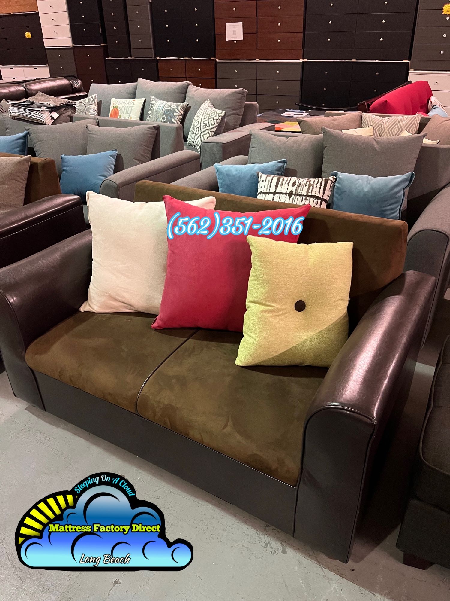 Brown Sofa Couch vinyl Red Accent Pillow Nuevo