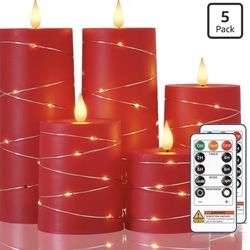 Elegant flameless candles with embedded star string lights. Set of 5. Color: Red