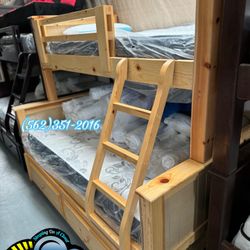 Twin Full Bunk Bed Natural Litera Trundle New 