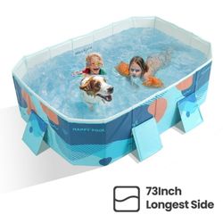 Kiddie Foldable Swimming Pool, Sturdy Frame&Fast Drain, Pets Fun Pool for Backyard, Blue