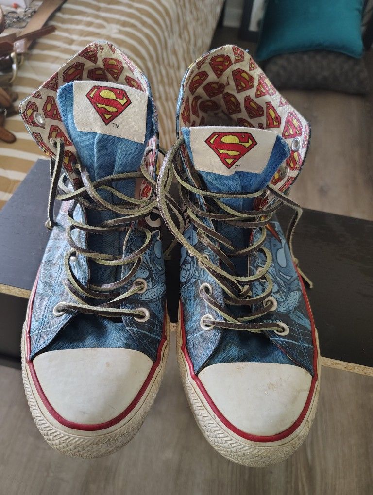 Converse Superman High-Tops (Size 10)**  Superman-themed Converse shoes with iconic "S" shield. Size 10.  
Exceptional condition.
