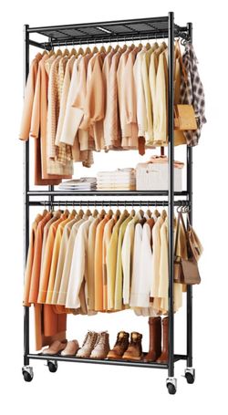 Sakugi Clothes Rack, Heavy-Duty Garment Rack with Shelves & Wheels, Freestanding Wardrobe Organizer with Hooks, Ideal for Bedroom, Laundry, or Balcony