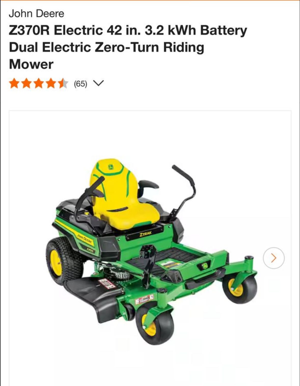 John Deere Z370R Electric 42 in. 3.2 kWh Battery Dual Electric Zero-Turn Riding Mower