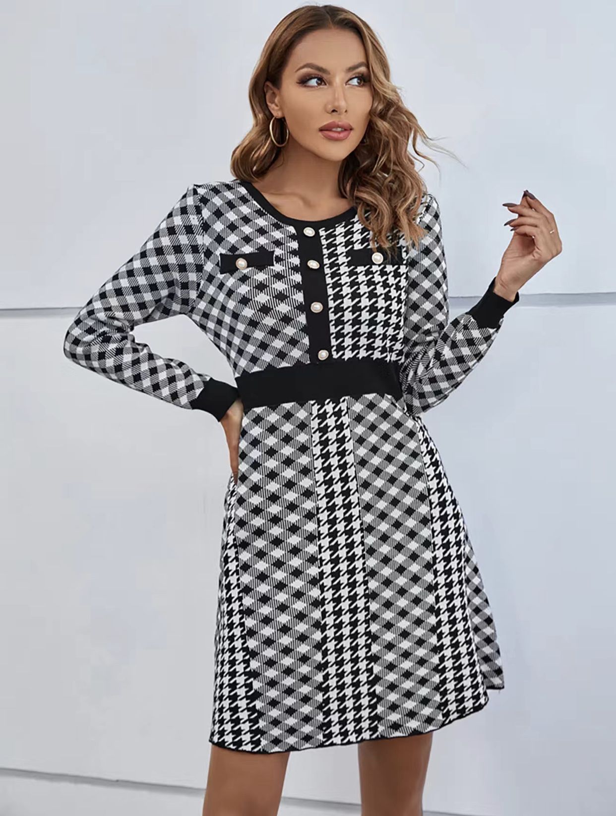 Same Day Shipping: Elegant Houndstooth Dress with Gold Buttons