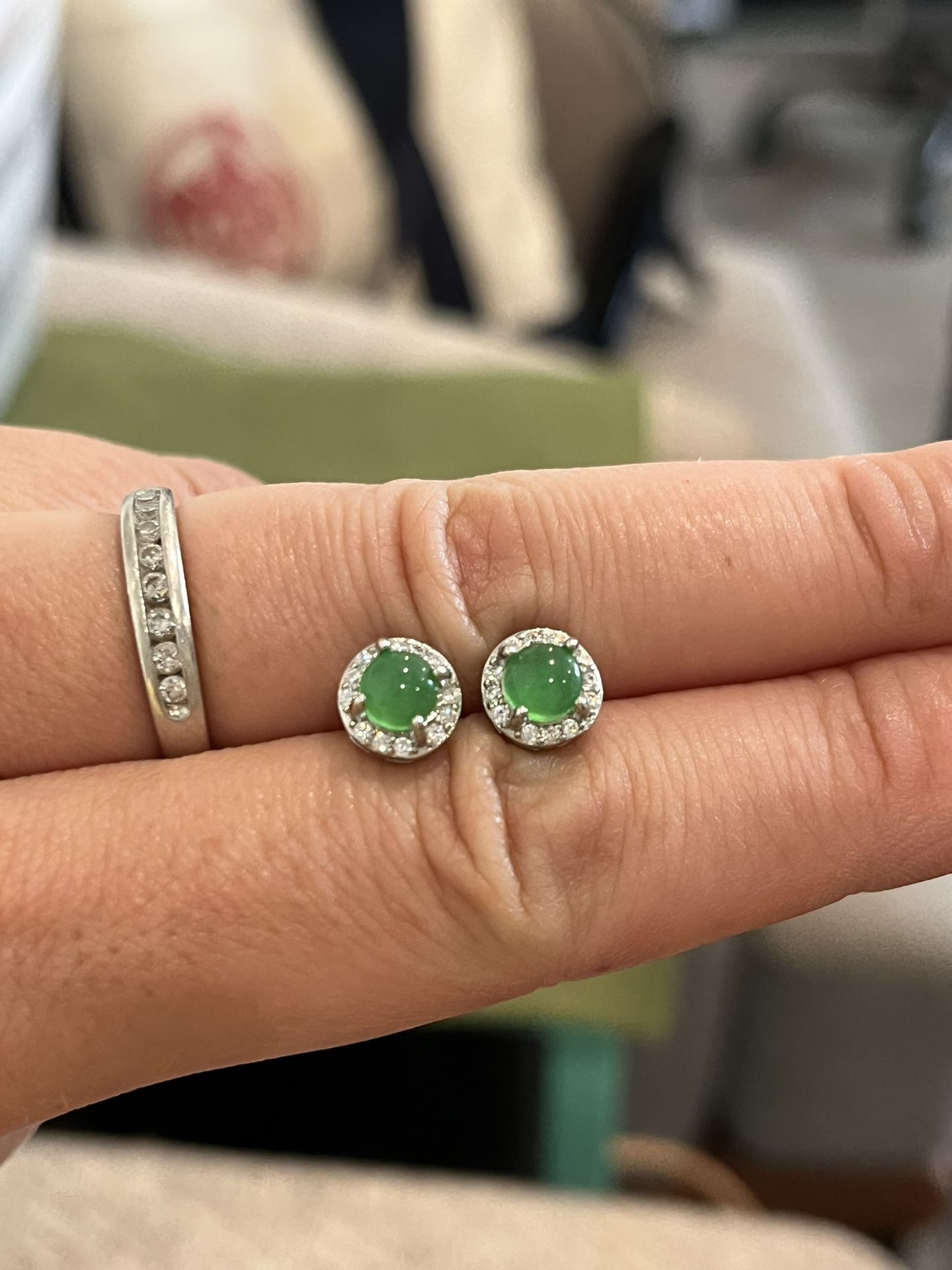 Jadeite stud earrings, 925 silver, zircon inlay, imperial green jadeite cabochons