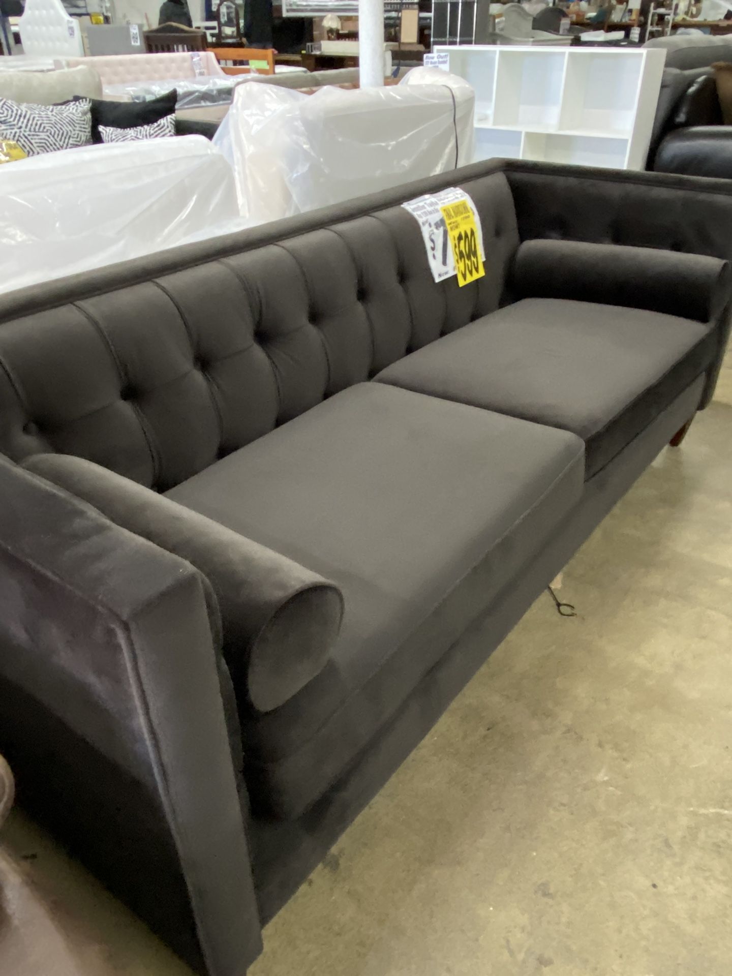 SOFA CLEARANCE SALE! BRAND NEW Jennifer Taylor 84” Upholstered Sofa with 2 Bolster Pillows, Charcoal Gray (Reg. $2,133)