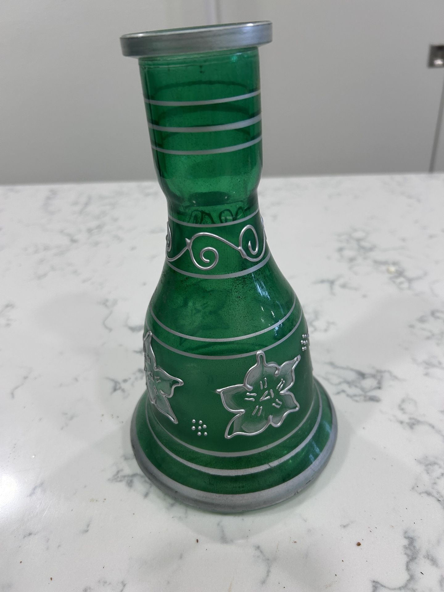 Green Glass Vase With Silver Floral Decoration With Metal Overlay