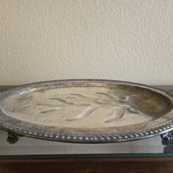 16" Vintage Oval Silver Plate Sheridan Tree Of Life Footed Meat Carving Tray Platter Chicken Turkey 