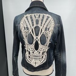 1st Kiss Denim Jean Day of the Dead Lace Skull Button Close Jacket JUNIORS LARGE 