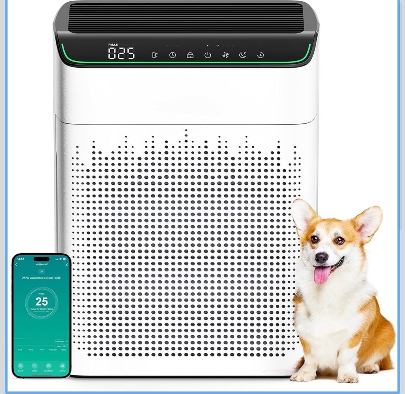 Air Purifiers for Home Large Room up to 1690 ft², HEPA Filter with PM 2.5 Monitor, WiFi and Alexa Compatible, Dual Air Intake for Smoke, Odor, Ivory