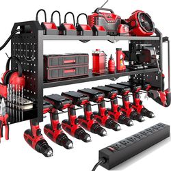 32”Power Tool Organizer with Charging Station Wall Mount, Built in 8 Outlet Surge Protection Black
