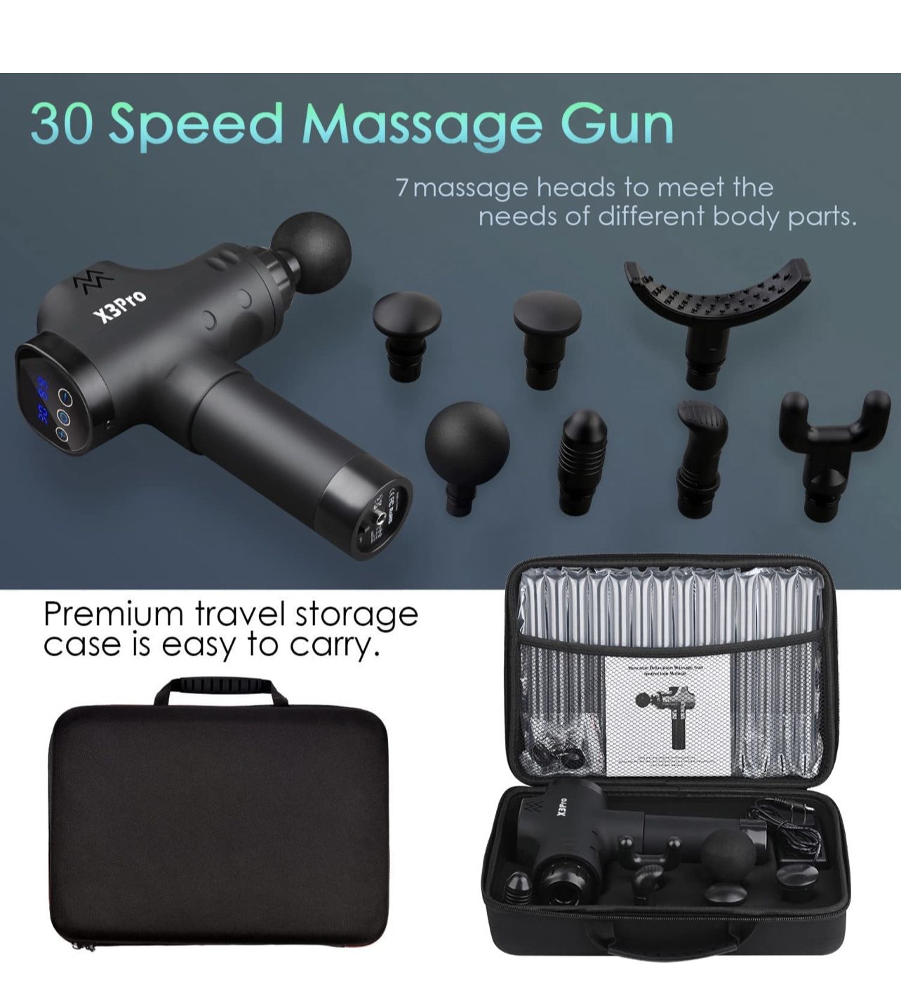 Fathers Day GiftMassage Gun Deep Tissue Percussion Muscle for Athletes,Quiet Handheld Massager with 30 Speed, Electric Back Massagers of X3 Pro(Black)