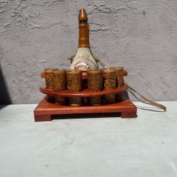 Mexican Leather Western BareWear Tequila Horse Decanter 6 Shot Glass Set Wood