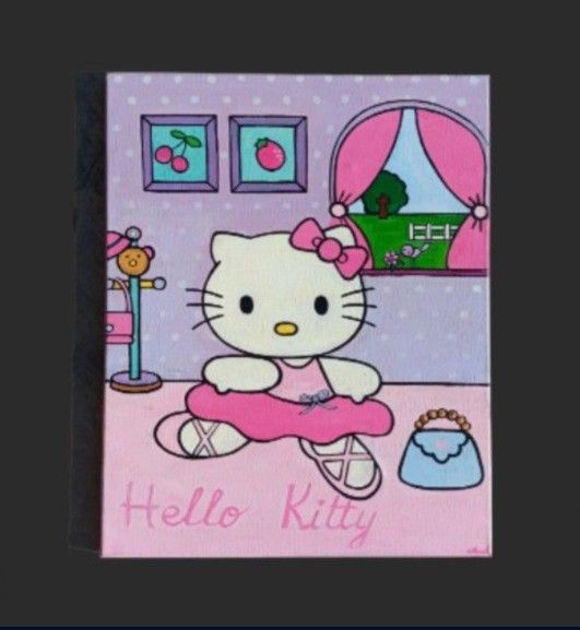 HK Fan Art Beautiful Rare Hello Kitty Painting 16 In X 20 In Nice!