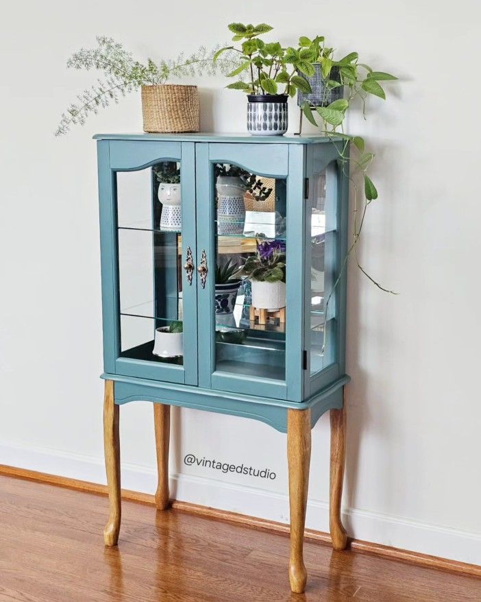 Solid Wood Curio Cabinet In Teal