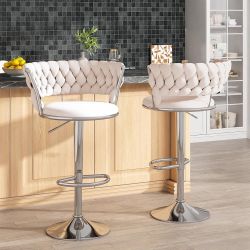 Velvet Bar Stool Set of 2, Counter Height Barstools with Adjustable Swivel Chairs, Upholstered Bar Chairs with Back & Footrest, Beige