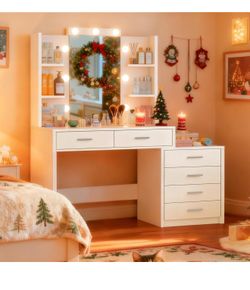 43.3" W Vanity Desk with Mirror and 9 LED Lights, Makeup Vanity with 6 Drawers, 6 Open Shelves, White Vanity for Women Girls, 43.3" W x 13.8" D x 54.3