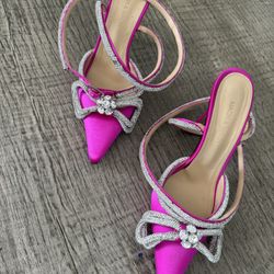 Mach & Mach Double Bow Crystal-Embellished Pink Satin Heels / Pumps — Size 38 1/2