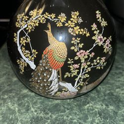 Authentic Vintage Japanese Black Ceramic Pottery Vase Gold Peacock Floral Ruffled Edge 7”