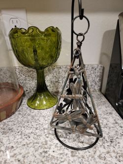 Vintage Avocado glass vase Pedestal bowl dish