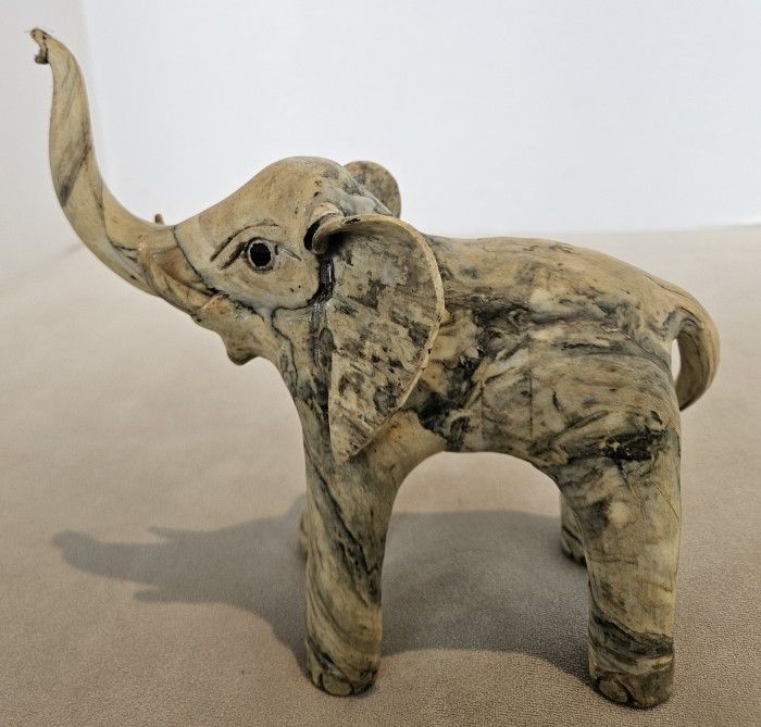 Elephant Trunk Up Figurine/Statue Crushed Oyster Shell Vintage 9.25" x 7.5" x 4"