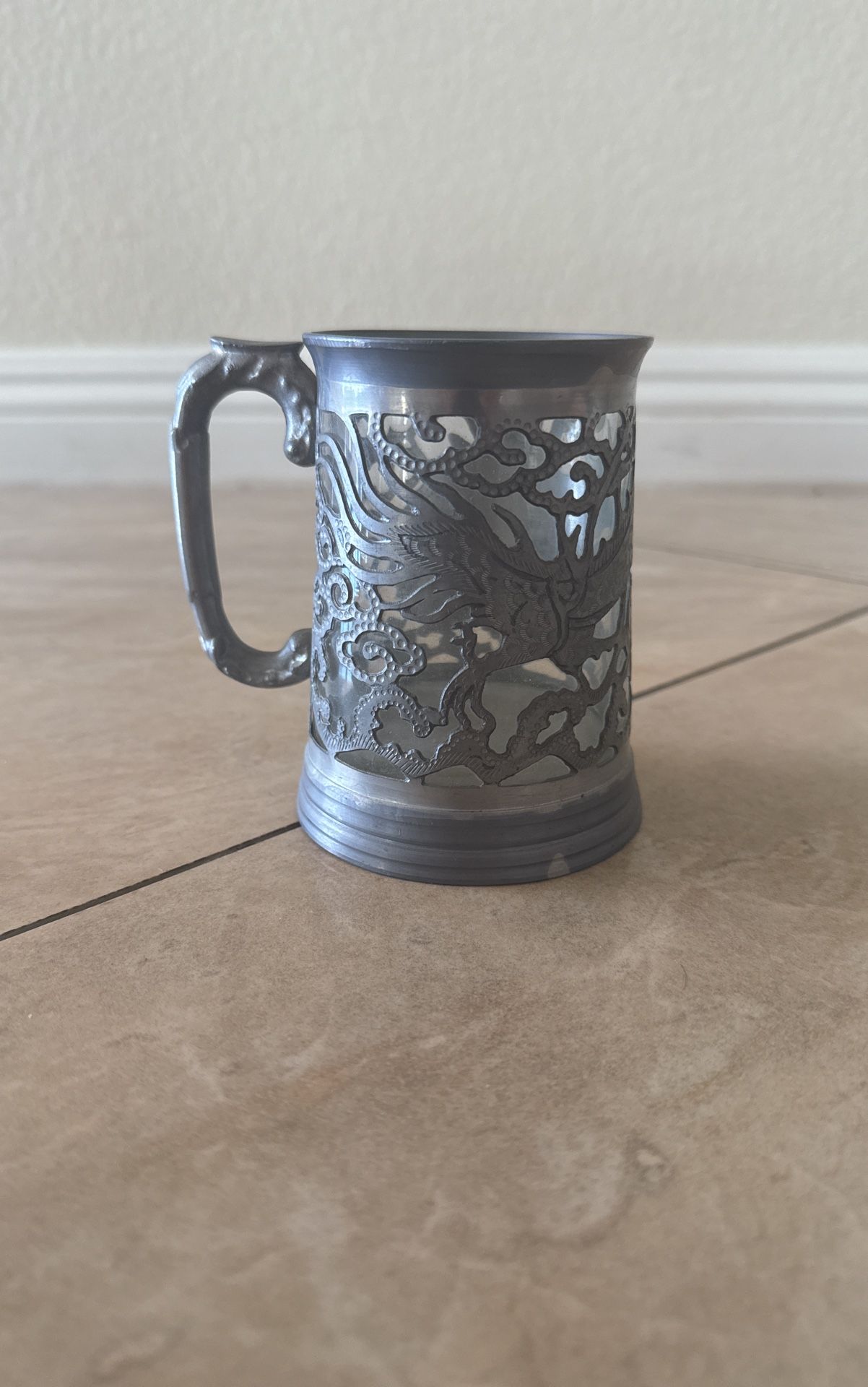 Antique Swathe style HING FAT CHINESE pierced PEWTER Dragon TANKARDS MUG