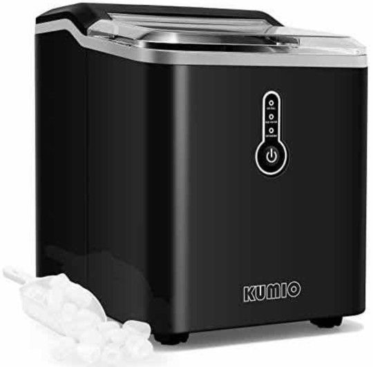 KUMIO Ice Makers Countertop, 9 Thick Bullet Ice Ready in 6-9 Mins, 26.5 Lbs in 24Hrs, Portable Ice Maker with Ice Scoop and Basket
