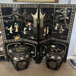 Asian Screen Room Divider And Stools
