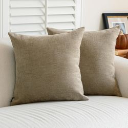 Pack of 2 Decorative Chenille Throw Pillow Covers with Twill Cushion Covers for Sofa Living Room Couch Bed 20x20 Inch Light Brown